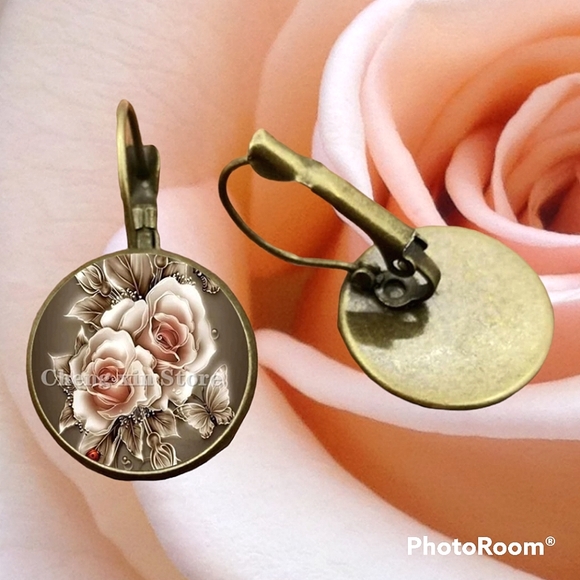 Fashion convex glass earrings with inlaid antique rose image in bronze tone. - Picture 2 of 5